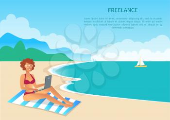 Freelance worker on exotic resort, colorful card, text sample, pretty woman with grey laptop laying on striped beach towel, cute seascape, bright day