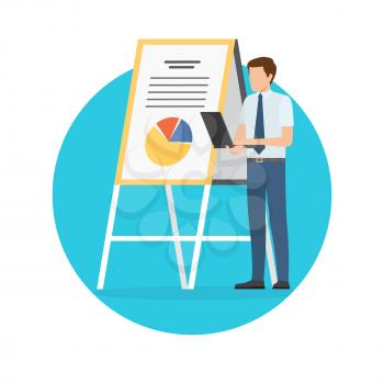 Man giving presentation, poster whiteboard and information, data and graphics and looking at laptop, businessman and conference, vector illustration