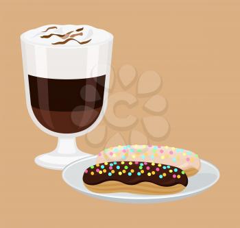 Hot drink with cakes, poster with latte and foam, dish with sweet bakery decorated with milk and dark chocolate isolated on vector illustration