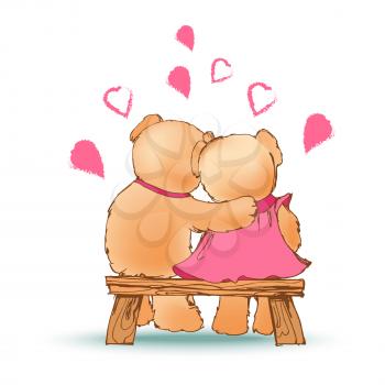 Couple of bears sitting in bench, loving characters cuddling and feeling good, hearts and love all around, vector illustration isolated on white
