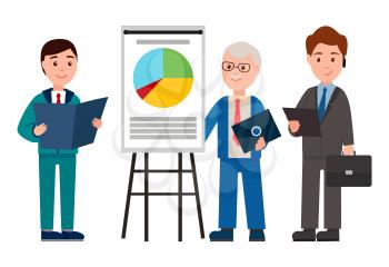 Presentation done by men, business meeting and discussion, businessmen with documents and laptops, whiteboard and information vector illustration