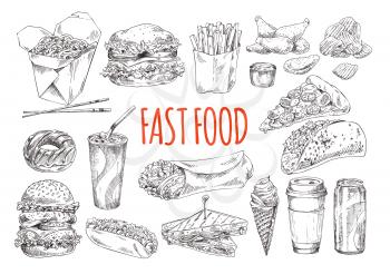 Fast food promo monochrome poster with rich hamburgers, cold ice cream, exotic Chinese food, delicious rolls and sweet drinks vector illustrations.