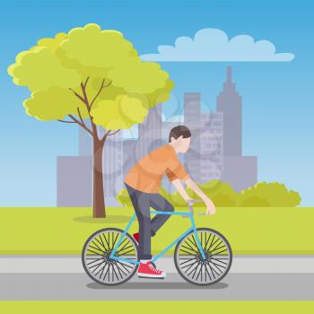 Man rides bicycle along road with city skyscrapers on horizon, fresh grass on both sides, tall tree and thick bushes cartoon flat vector illustration.