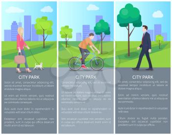 Set of city park color banners with varied people, vector illustration with walking businessman and pretty lady with pet, biking man, text sample