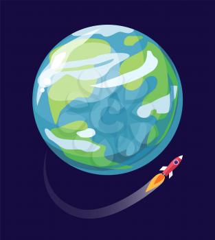 Earth and spaceship, poster with planet, and mission of rocket with fire, leaving trace, placard vector illustration, isolated on blue background
