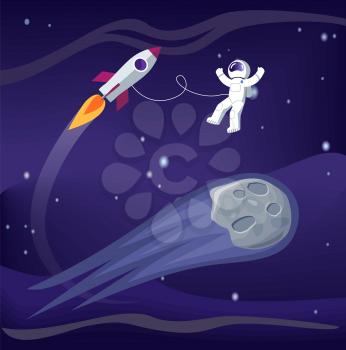 Space and astronaut with spaceship, meteor and asteroid, poster with cosmonaut on mission, stars vector illustration, isolated on blue background