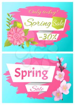 Spring sale advertisement label with branch of sakura or cherry bloomings, daisy flowers vector illustration. Pink blossoms symbol of springtime