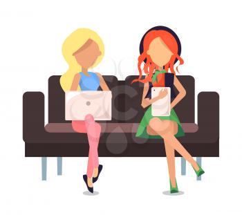 People sitting on couch, poster with woman, ladies holding devices, laptop and tablet, digital era and leisure, vector illustration isolated on white