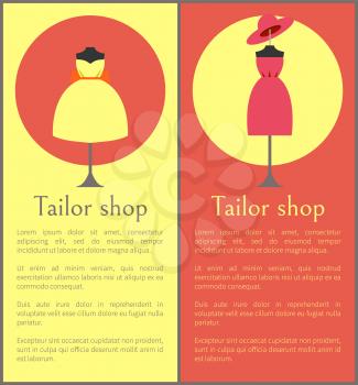 Tailor shop framed banners, vector illustration with two cute gown and pretty hat isolated in red and yellow circles, text sample, big bow on dress