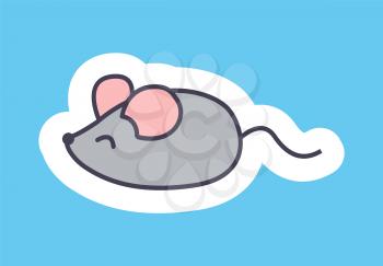 Cute banner with small mouse vector illustration of pretty grey animal with round pink ears and short tail, white framing, isolated on blue background