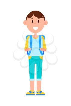 Funny schoolboy in denim capris and sneakers with big square backpack and broad smile isolated cartoon flat vector illustration on white background.