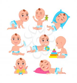 Babys activities collection, child in good mood playing with toys and soother, kid with teddy bear, plastic bottle and balloon, vector illustration