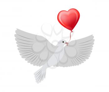 Dove flying with balloon of heart shape, symbol of eternal and pure love, lasting forever, Valentines day poster, isolated on vector illustration