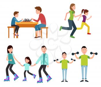 Set of family pictures, vector illustration isolated on white background, mother running with daughter, father playing chess with son, sport activity