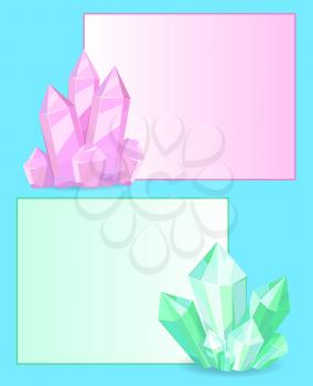 Pink and green crystals gemstones, organic minerals with square frame border vector illustration set isolated on white background in flat style