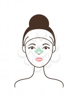 Girl with patch against black spots on her nose isolated cartoon vector illustration on white background. Cosmetic tool for skin problems solution.