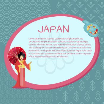 Japan promotional informative poster template with geisha in red robe with umbrella vector illustration and sample text on background with pattern.