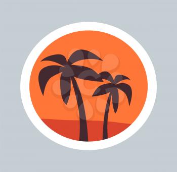 Round sketch of wonder palms vector illustration of pair trees silhouette, beautiful sunset orange sky, white circle outline isolated on grey backdrop