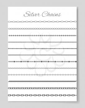 Silver chains poster with collection of jewelry, types of items, headline and presentation of connected strong objects isolated on vector illustration