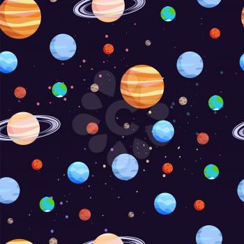 Space and planets seamless pattern, poster with collection of celestial objects, Jupiter and Mars, Venus and Pluto, isolated on vector illustration