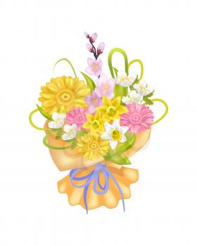 Attractive bouquet with varied flowers color card, vector illustration isolated on white backdrop, bright lilac ribbon, cute chrysanthemum and jasmine