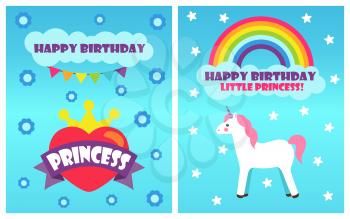 Happy Birthday, little princess, poster with headline and flower pattern, unicorn and rainbow, heart and crown, isolated on vector illustration