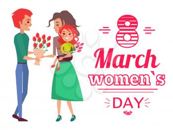 8 March womens day, banner with woman and man giving bouquet of flowers, daughter and family moments, shape of heart, isolated on vector illustration