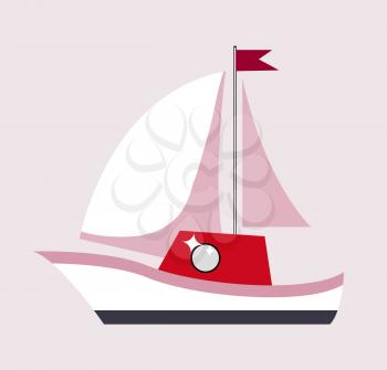 Sailboat with flag, poster with gift, model of ship, transport and good way to voyage comfortable, vector illustration isolated on pink background