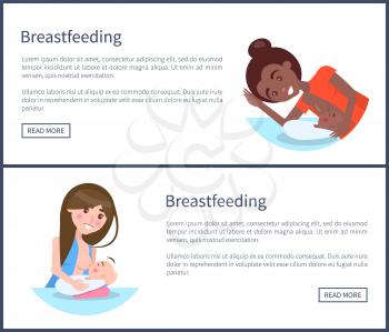 Healthy breastfeeding informative banners set with women who feed their little newborn babies web pages with push-buttons vector and sample texts.