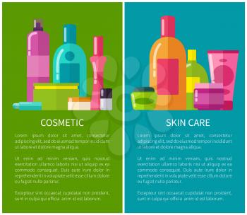 Cosmetic and skin care banners vector illustration isolated on green and blue backgrounds white text sample various colorful vials, lot of reflections