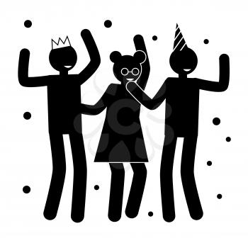 Birthday party poster with people black silhouettes who dance in crown and festive hat isolated cartoon vector illustrations on white background.
