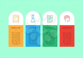 Infographic elements collection with text sample and blocks filled with color, headlines and icons of strongbox and chess figure vector illustration