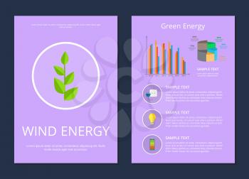 Wind and green energy set of posters with plant and text sample, graphics and data with icons, vector illustration, isolated on purple background
