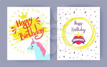 Two happy birthday, princess vector illustrations isolated on white backdrop, lot of confetti, yellow abstract circle, unicorn head, cute golden crown