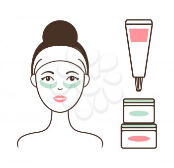 Woman in headband with soft cream under eyes against dark circles and jars with lotions isolated cartoon vector illustrations on white background.