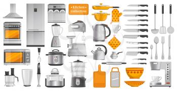 Set of different kitchen tools vector illustration with various models of teapots knives and mixers microwave oven and refrigerator, stove and cutlery