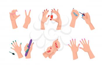 Female hands with neat modern bright manicure that hold bottle of nail polish, sharp file and thin brush isolated cartoon flat vector illustrations.