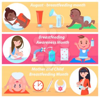 Mother and child breastfeeding month in august mothers and their eating children, clock thermometer red cream, varied bottles open tap, soap and towel