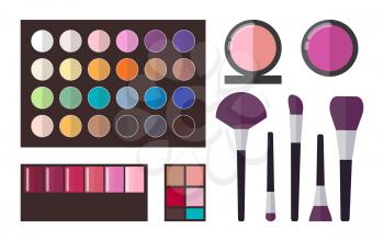 Eyeshadows collection, poster with palette of colors and tons, set of brushes and powders, cosmetics vector illustration isolated on white background