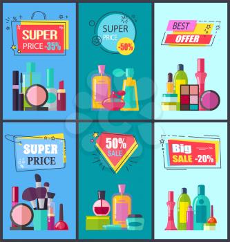 Best offer for decorative and medical cosmetics with convenient prices promotional posters set. Makeup elements and soft lotions vector illustrations.