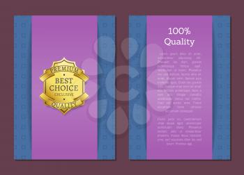 100 quality best choice exclusive premium standard poster decorated by ribbons, gold seal with black text vector illustration on blue purple background
