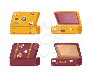 Set of retro suitcases front back view, memory stickers sailboat, flying plane, flag of Italy and USA, sightseeings travelling concept vector icons