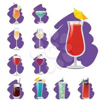 Set of glossy cups with different drinks banner, vector illustration isolated on white background, ice pieces, umbrellas and straws, cherry and orange
