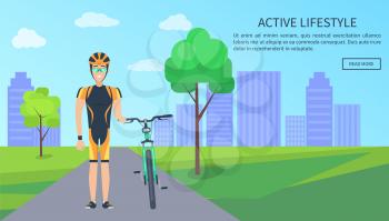 Active lifestyle bicyclist, web page with text sample and button saying read more, man in helmet with bike, cityscape and trees vector illustration