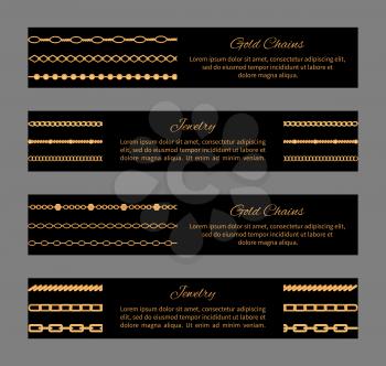 Gold chains and jewelry cards with given informational text, headlines and types of precious items, vector illustration isolated on grey background