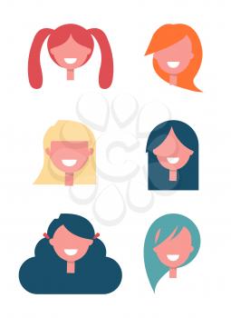 Faceless girls heads with broad smiles and colorful stylish modern hairstyles and haircuts isolated cartoon vector illustrations on white background.