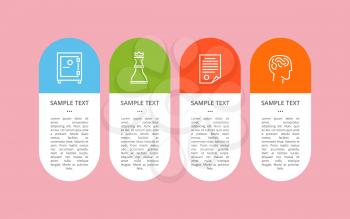 Set of colorful icons isolated on pink backdrop, vector illustration with cute labels of safe, brain and piece of paper, chess figure, text sample
