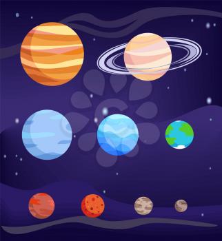 Planet set of celestial bodies, poster with Jupiter and Earth, Venus and Mercury, Pluto and Mars, vector illustration with stars isolated on blue