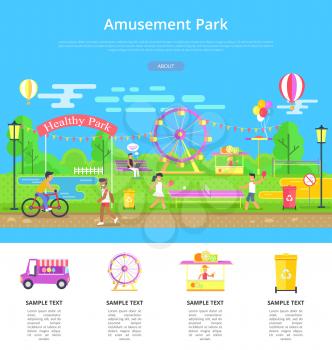 Amusement park poster with text sample and people doing different activities, playing tennis, and riding bicycle, isolated on vector illustration