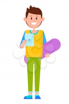 Smiling teenager banner color vector illustration, happy boy in colorful clothes, blue tablet device, lilac skateboard green pants yellow pullover